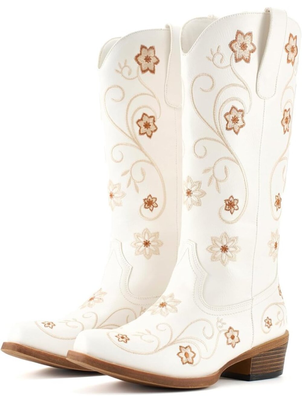 Women's White Boots Mid Calf Western Cowgirl Boots Chunky Heels Snip Toe Boots